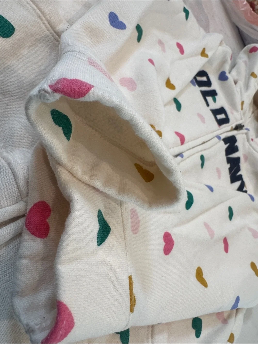 Girls Old Navy Cream Hooded Zip-Up Sweatshirt with Multicolor Heart Print